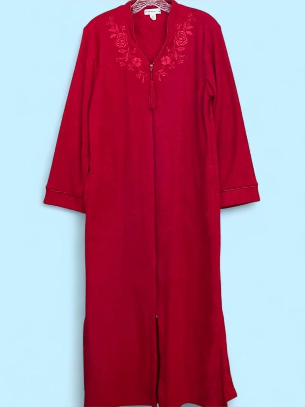 Miss Elaine Red Zip Up Robe Floral Embroidered Long Housecoat S Cozy Lounge